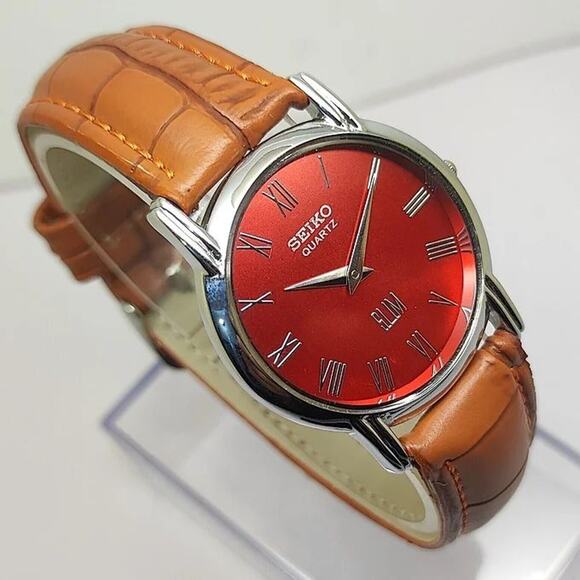 Seiko Other - Vintage Style Seiko Quartz Mens Silver Watch & Red accents W/Leather Strap